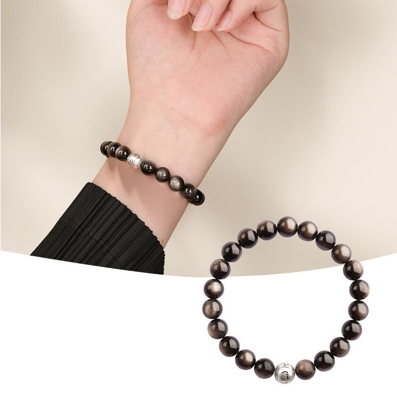 Wear FengShui Natural Silver Sheen Obsidian Om Mani Padme Hum Protection Bracelet