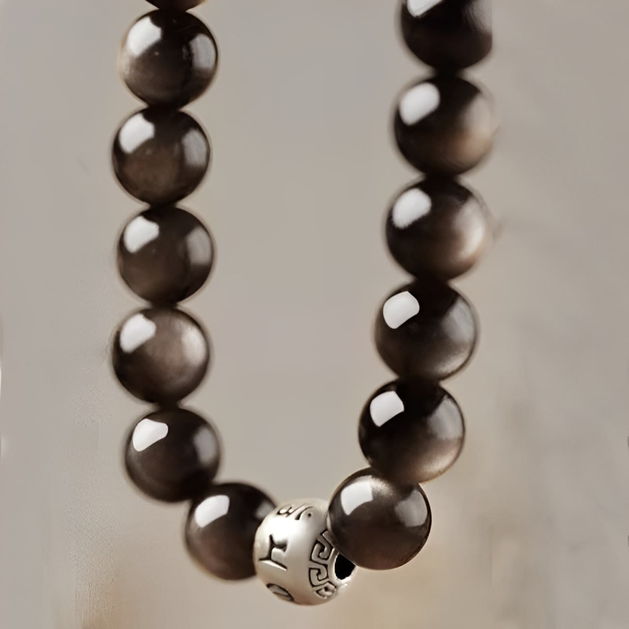 Wear FengShui Natural Silver Sheen Obsidian Om Mani Padme Hum Protection Bracelet