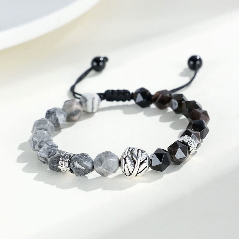 Wear FengShui Natural Irregular Cut Obsidian Grey Jasper 925 Sterling Silver Rolled Leaf Bead Protection Bracelet