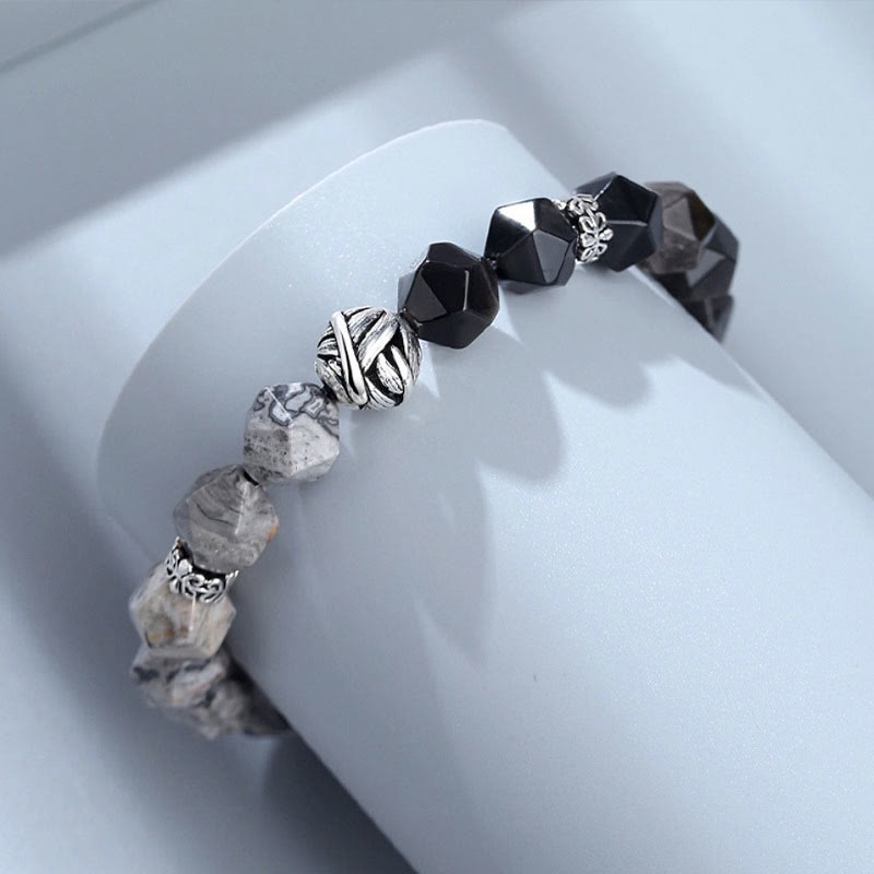 Wear FengShui Natural Irregular Cut Obsidian Grey Jasper 925 Sterling Silver Rolled Leaf Bead Protection Bracelet