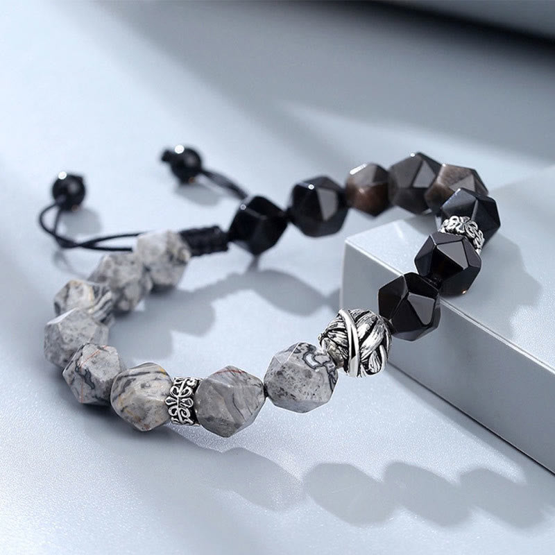 Wear FengShui Natural Irregular Cut Obsidian Grey Jasper 925 Sterling Silver Rolled Leaf Bead Protection Bracelet