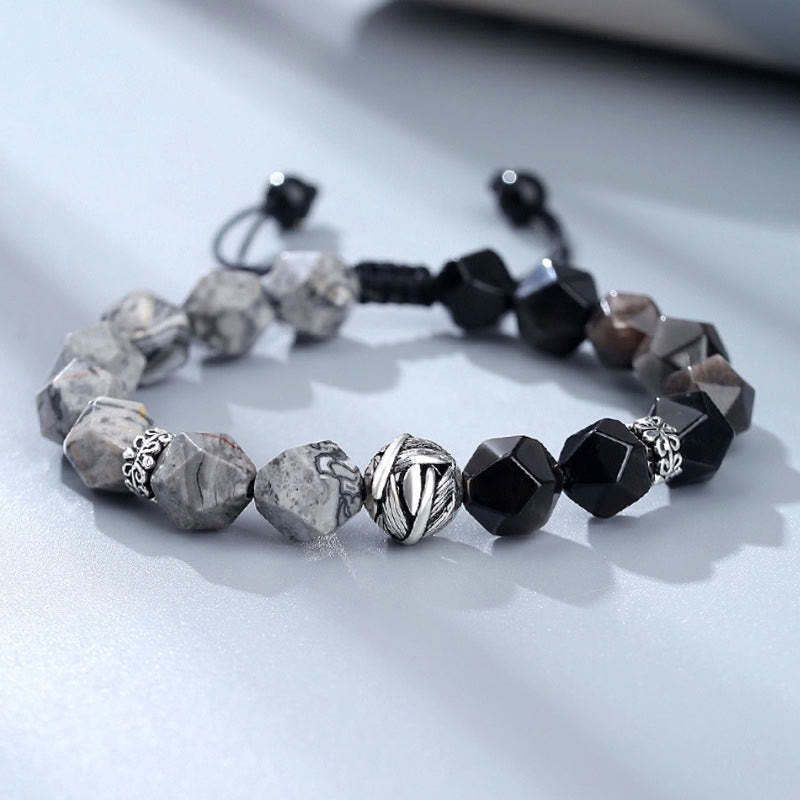 Wear FengShui Natural Irregular Cut Obsidian Grey Jasper 925 Sterling Silver Rolled Leaf Bead Protection Bracelet