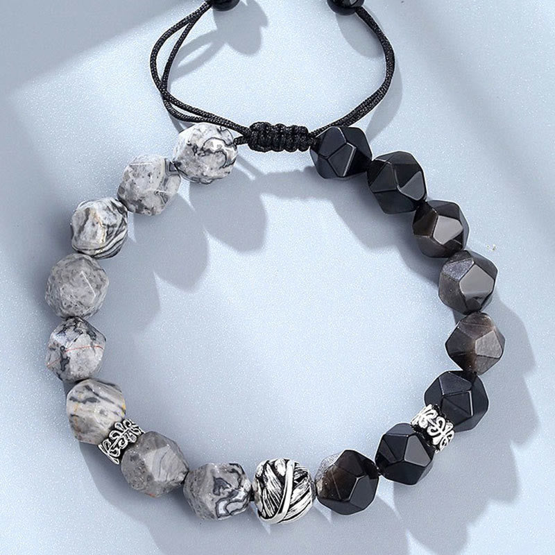 Wear FengShui Natural Irregular Cut Obsidian Grey Jasper 925 Sterling Silver Rolled Leaf Bead Protection Bracelet
