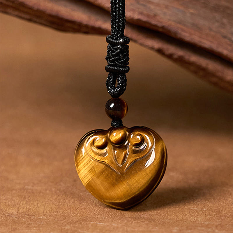 Wear FengShui Natural Tiger Eye Love Heart Pattern Protection Rope Necklace Pendant