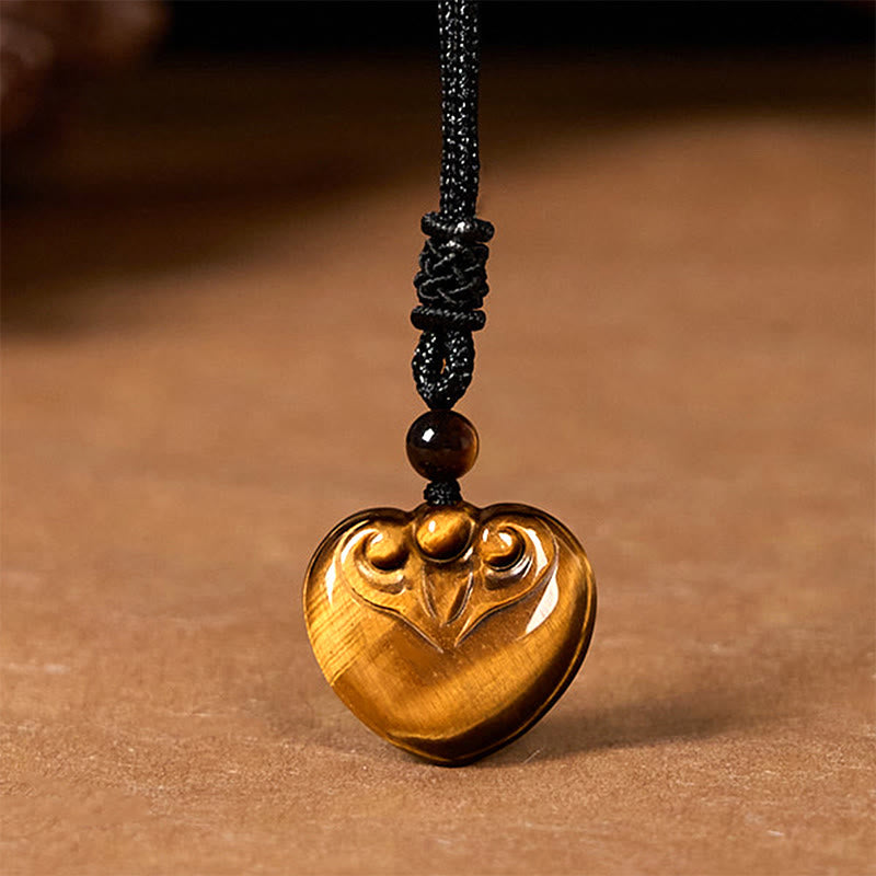 Wear FengShui Natural Tiger Eye Love Heart Pattern Protection Rope Necklace Pendant