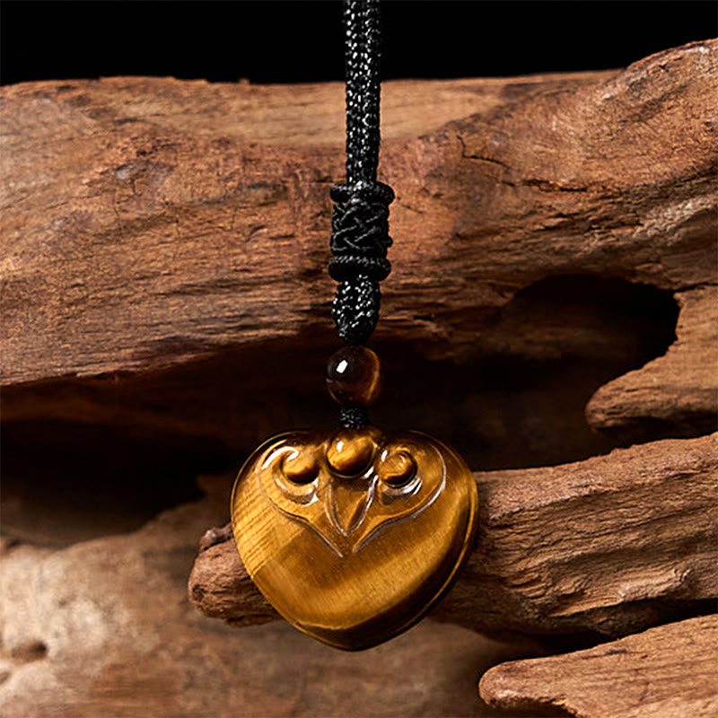 Wear FengShui Natural Tiger Eye Love Heart Pattern Protection Rope Necklace Pendant