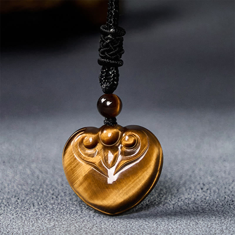 Wear FengShui Natural Tiger Eye Love Heart Pattern Protection Rope Necklace Pendant