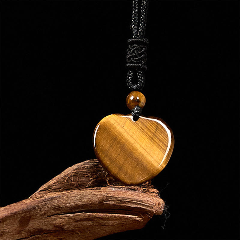 Wear FengShui Natural Tiger Eye Love Heart Pattern Protection Rope Necklace Pendant