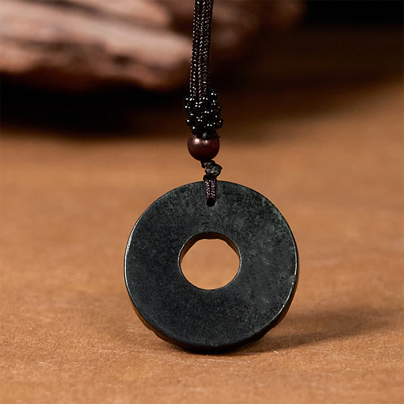 Wear FengShui Tibetan Nanyang Black-Green Jade PiXiu Peace Buckle Protection Necklace Pendant
