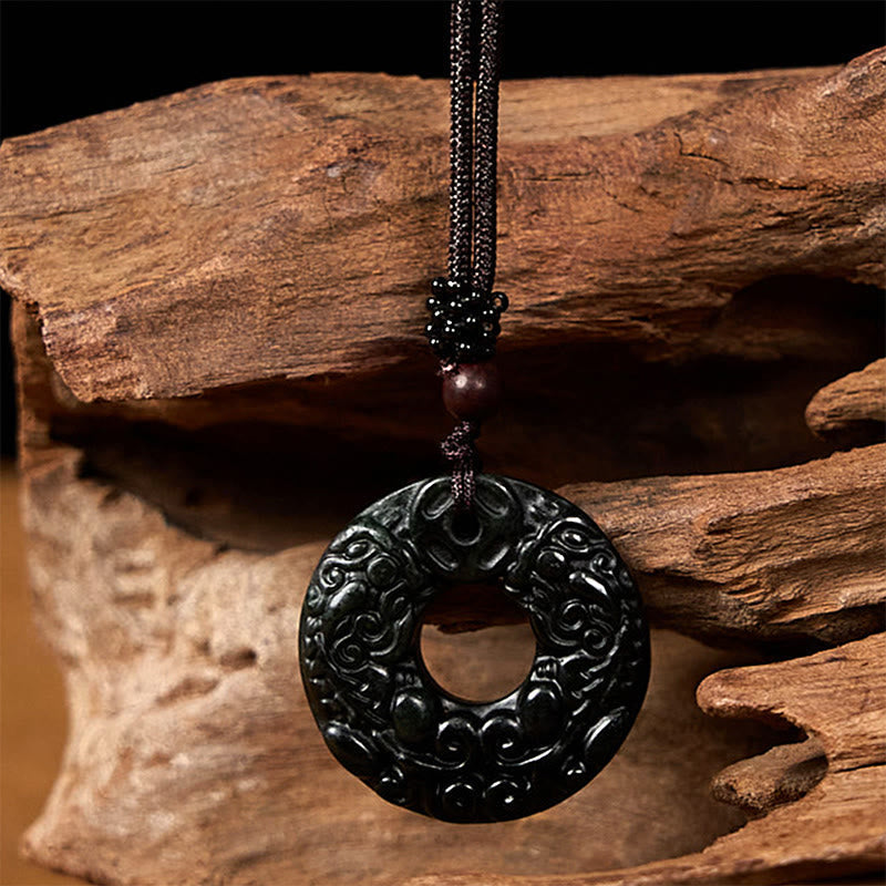 Wear FengShui Tibetan Nanyang Black-Green Jade PiXiu Peace Buckle Protection Necklace Pendant
