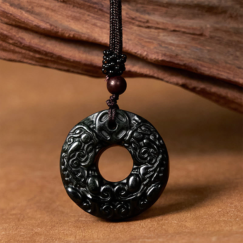 Wear FengShui Tibetan Nanyang Black-Green Jade PiXiu Peace Buckle Protection Necklace Pendant