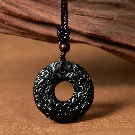Wear FengShui Tibetan Nanyang Black-Green Jade PiXiu Peace Buckle Protection Necklace Pendant