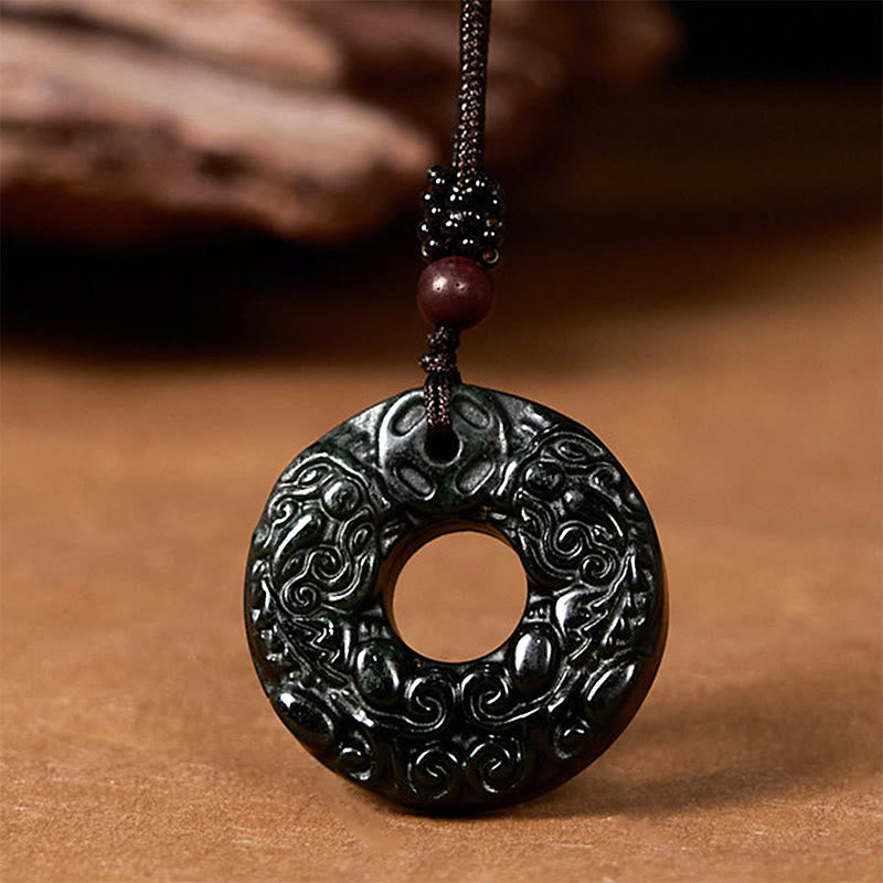 Wear FengShui Tibetan Nanyang Black-Green Jade PiXiu Peace Buckle Protection Necklace Pendant