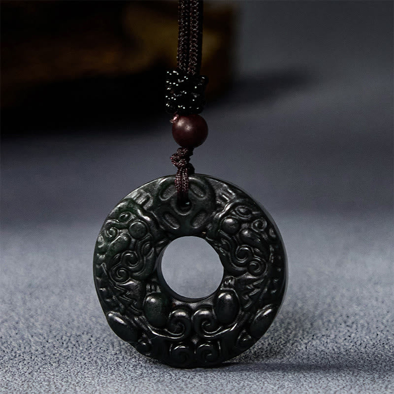 Wear FengShui Tibetan Nanyang Black-Green Jade PiXiu Peace Buckle Protection Necklace Pendant