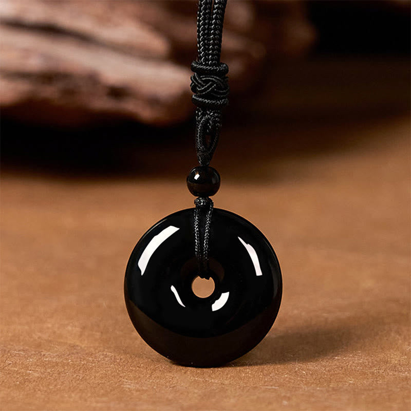 Wear FengShui Natural Black Obsidian Peace Buckle Strength Rope Necklace Pendant