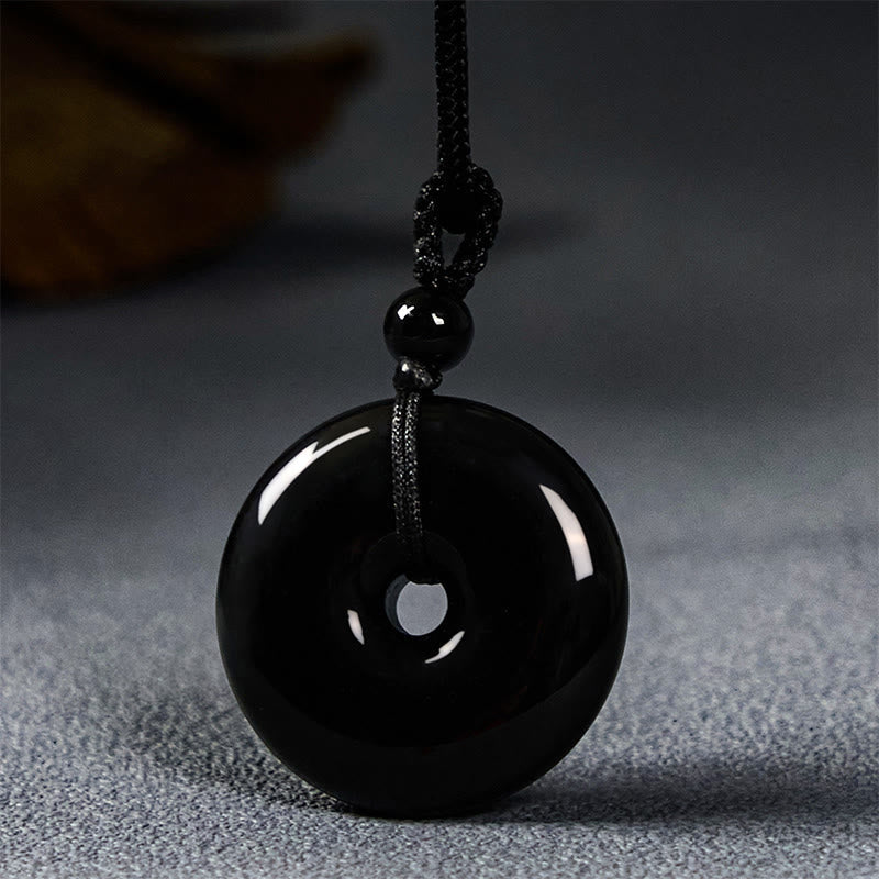 Wear FengShui Natural Black Obsidian Peace Buckle Strength Rope Necklace Pendant
