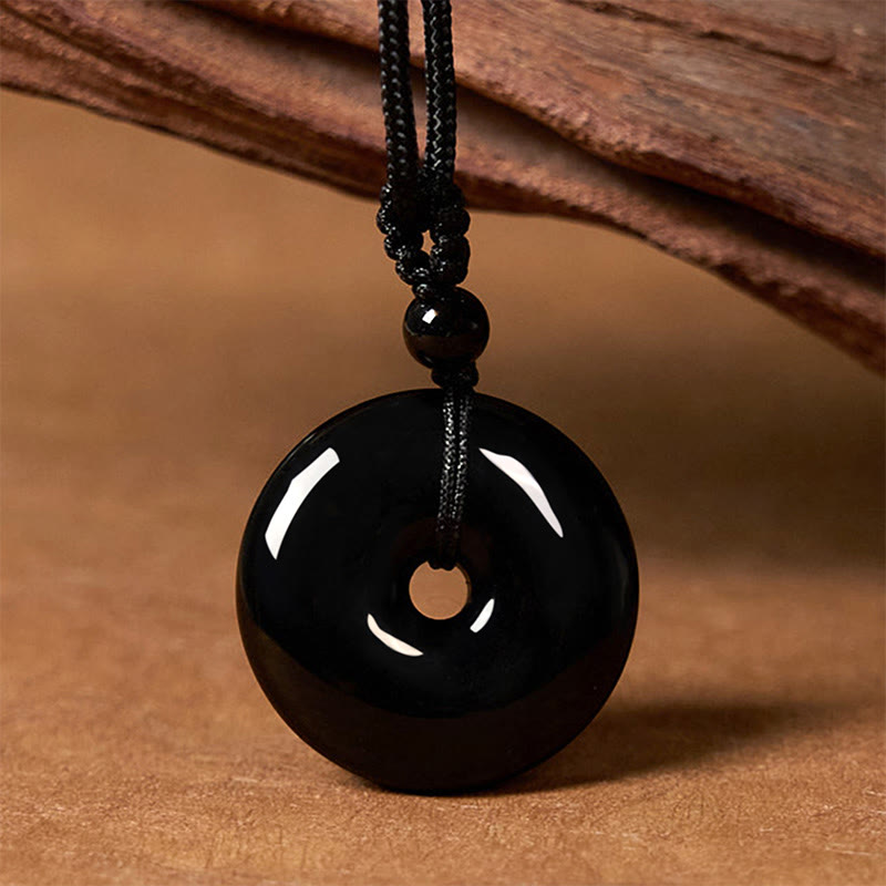 Wear FengShui Natural Black Obsidian Peace Buckle Strength Rope Necklace Pendant