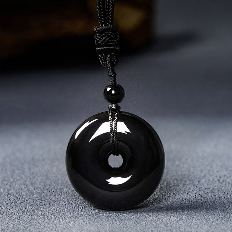 Wear FengShui Natural Black Obsidian Peace Buckle Strength Rope Necklace Pendant