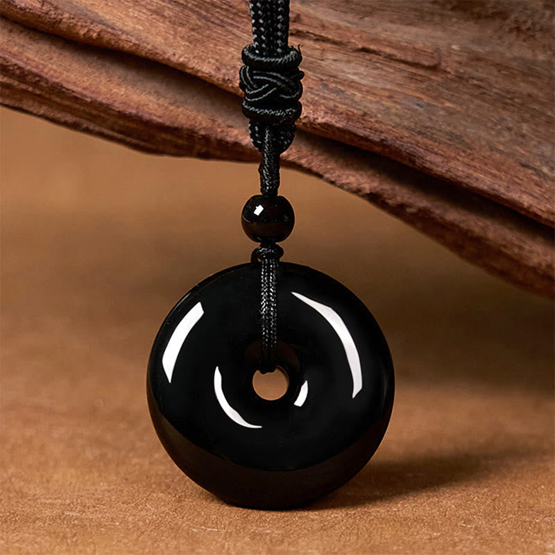 Wear FengShui Natural Black Obsidian Peace Buckle Strength Rope Necklace Pendant