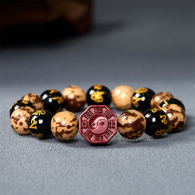 Wear FengShui Bodhi Seed Om Mani Padme Hum Bagua Yin Yang Cinnabar Carved Calm Bracelet
