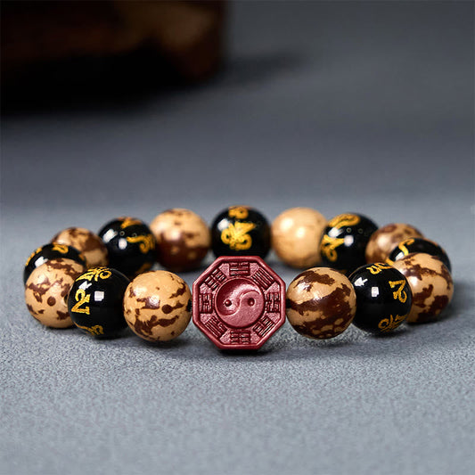 Wear FengShui Bodhi Seed Om Mani Padme Hum Bagua Yin Yang Cinnabar Carved Calm Bracelet
