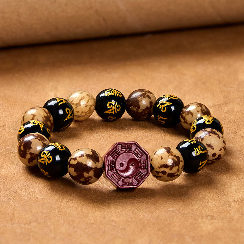 Wear FengShui Bodhi Seed Om Mani Padme Hum Bagua Yin Yang Cinnabar Carved Calm Bracelet