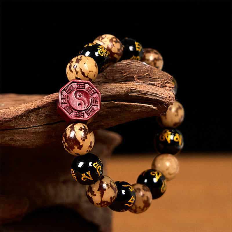 Wear FengShui Bodhi Seed Om Mani Padme Hum Bagua Yin Yang Cinnabar Carved Calm Bracelet