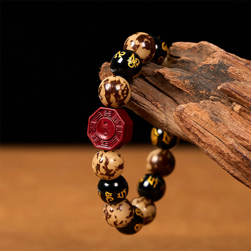 Wear FengShui Bodhi Seed Om Mani Padme Hum Bagua Yin Yang Cinnabar Carved Calm Bracelet
