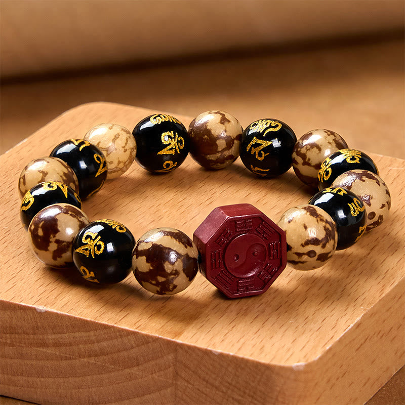 Wear FengShui Bodhi Seed Om Mani Padme Hum Bagua Yin Yang Cinnabar Carved Calm Bracelet