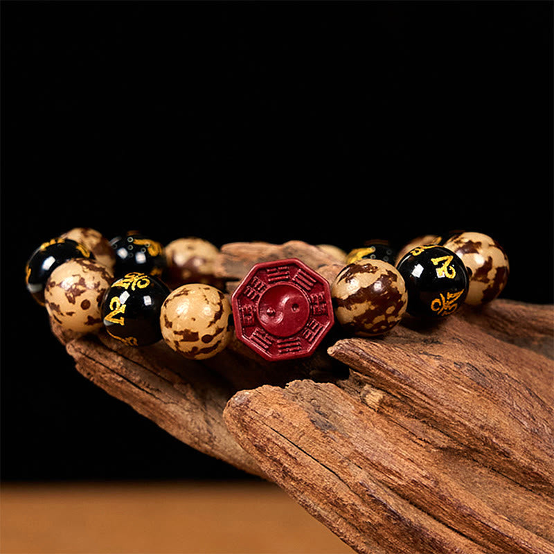 Wear FengShui Bodhi Seed Om Mani Padme Hum Bagua Yin Yang Cinnabar Carved Calm Bracelet