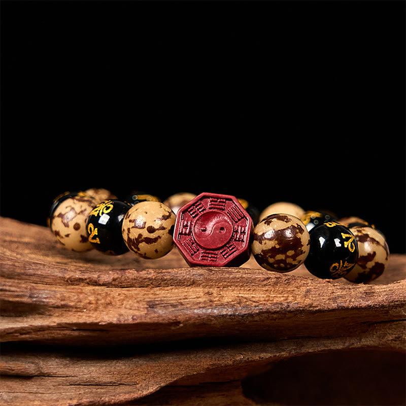 Wear FengShui Bodhi Seed Om Mani Padme Hum Bagua Yin Yang Cinnabar Carved Calm Bracelet