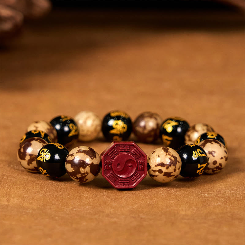 Wear FengShui Bodhi Seed Om Mani Padme Hum Bagua Yin Yang Cinnabar Carved Calm Bracelet