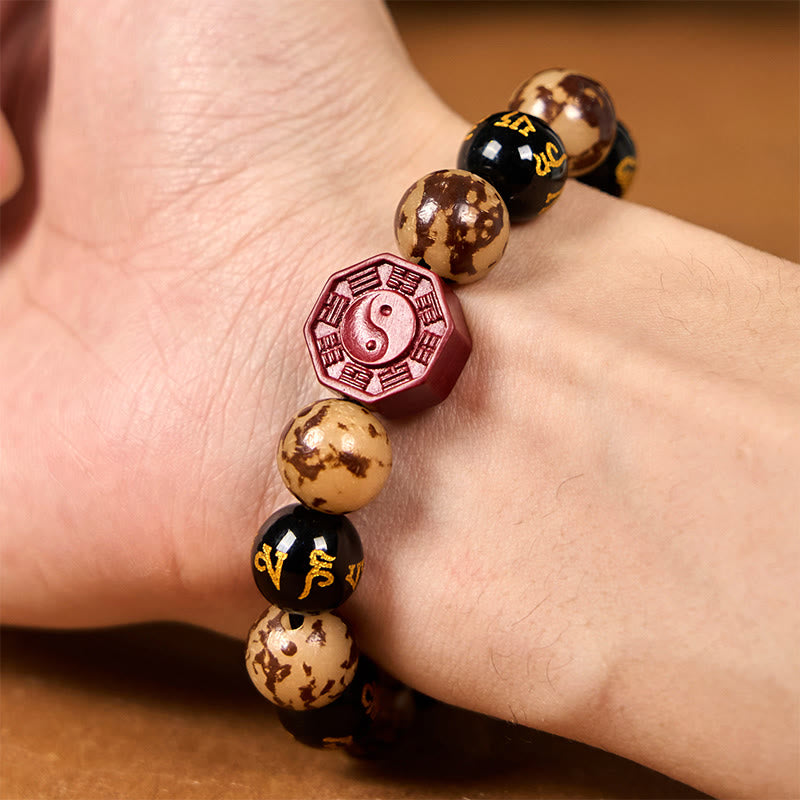 Wear FengShui Bodhi Seed Om Mani Padme Hum Bagua Yin Yang Cinnabar Carved Calm Bracelet