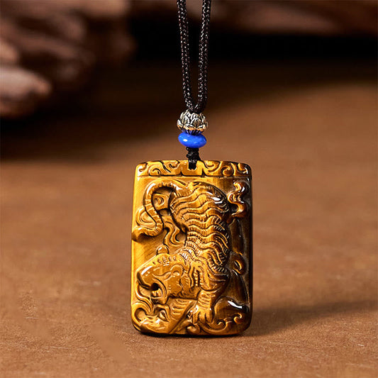Wear FengShui Natural Tiger Eye Square Tiger Pattern Protection Rope Necklace Pendant