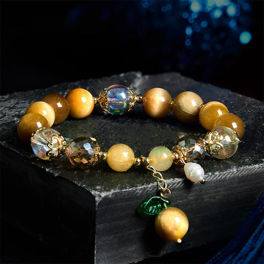 Wear FengShui Natural Tiger Eye Beads Green Leaf Courage Bracelet