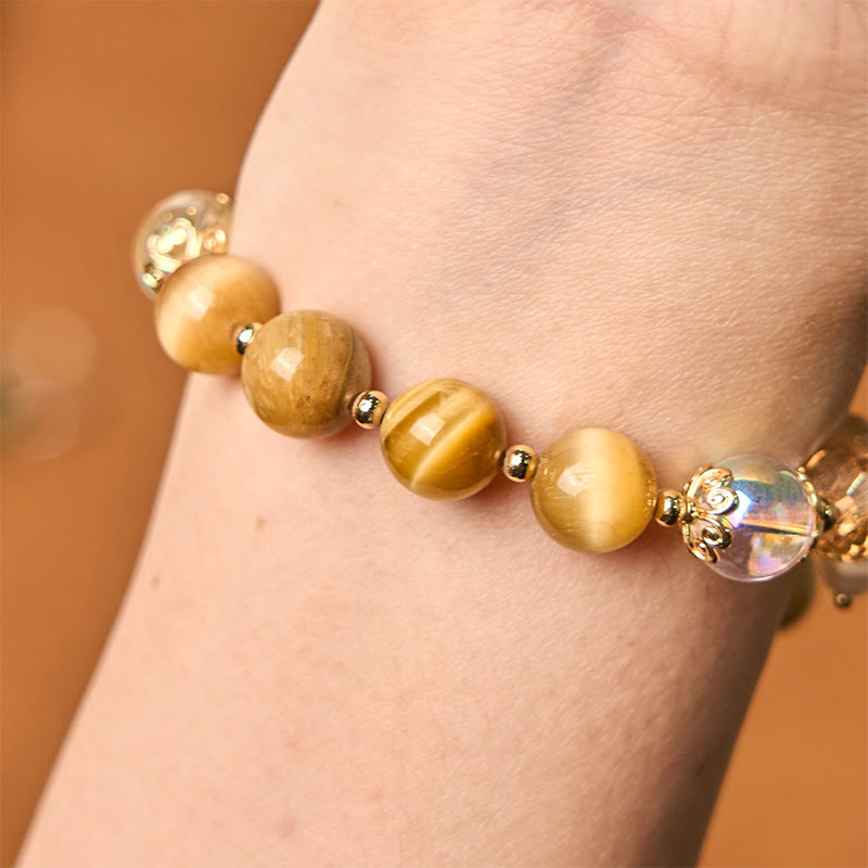 Wear FengShui Natural Tiger Eye Beads Green Leaf Courage Bracelet