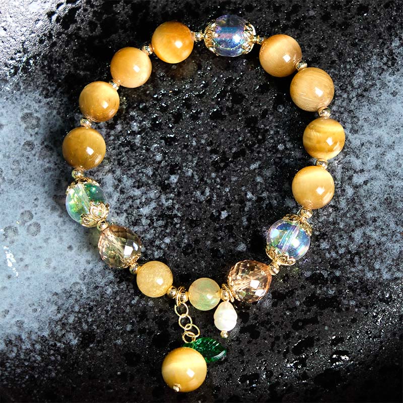 Wear FengShui Natural Tiger Eye Beads Green Leaf Courage Bracelet