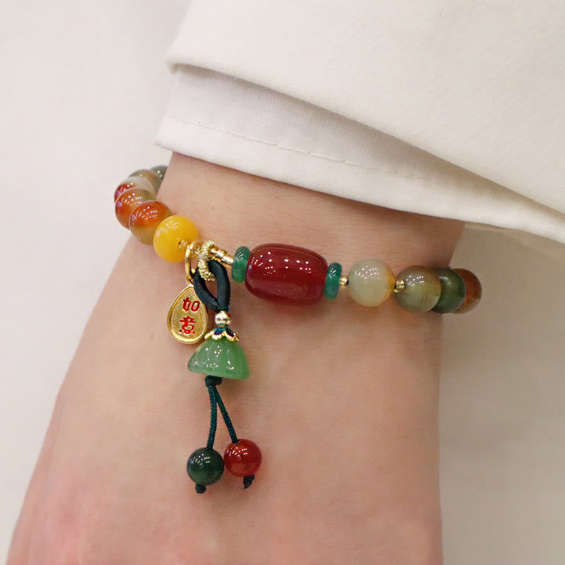 Wear FengShui Natural Colorful Peacock Agate Chalcedony Ruyi As One Wishes Charm Courage Bracelet