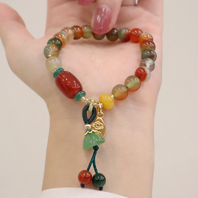 Wear FengShui Natural Colorful Peacock Agate Chalcedony Ruyi As One Wishes Charm Courage Bracelet