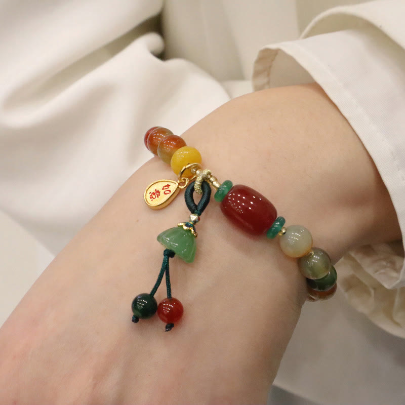 Wear FengShui Natural Colorful Peacock Agate Chalcedony Ruyi As One Wishes Charm Courage Bracelet