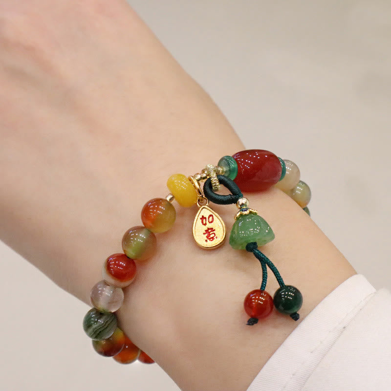 Wear FengShui Natural Colorful Peacock Agate Chalcedony Ruyi As One Wishes Charm Courage Bracelet