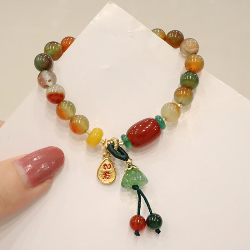 Wear FengShui Natural Colorful Peacock Agate Chalcedony Ruyi As One Wishes Charm Courage Bracelet