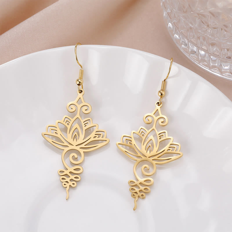 Wear FengShui Hollow Lotus Flower Stainless Steel Enlightenment Metal Drop Earrings
