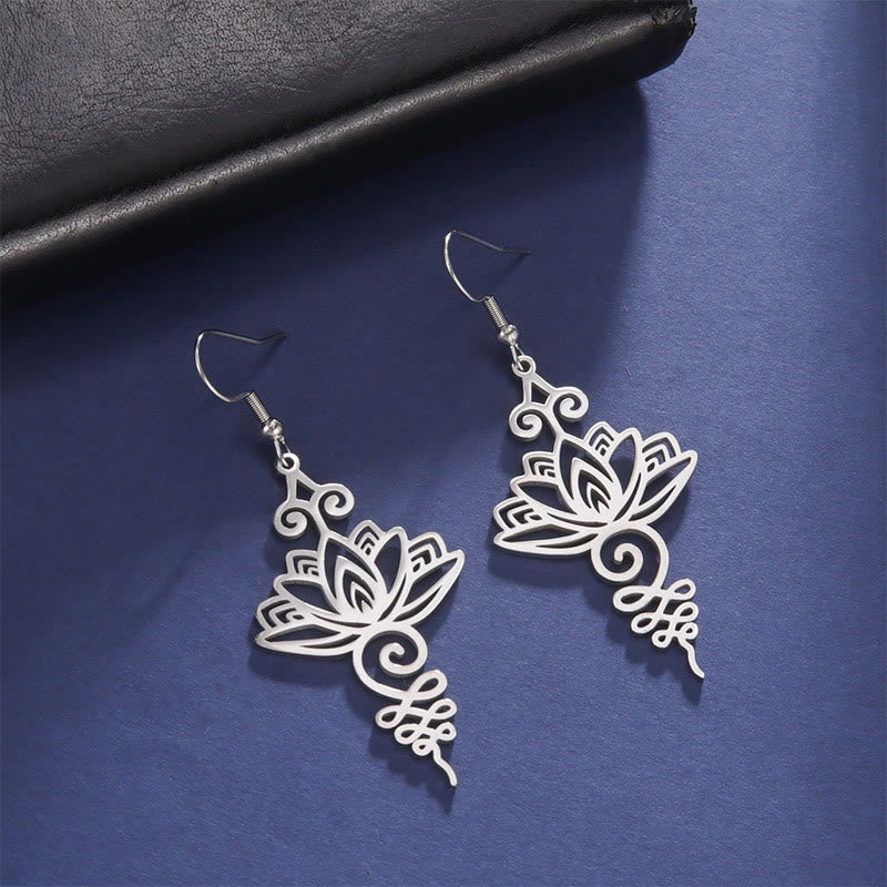 Wear FengShui Hollow Lotus Flower Stainless Steel Enlightenment Metal Drop Earrings