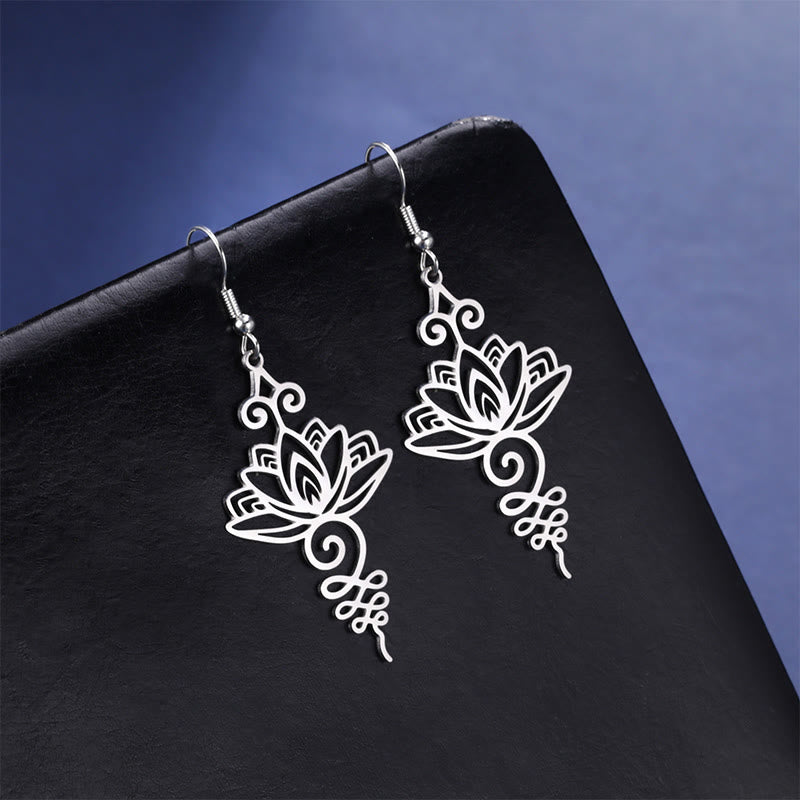 Wear FengShui Hollow Lotus Flower Stainless Steel Enlightenment Metal Drop Earrings