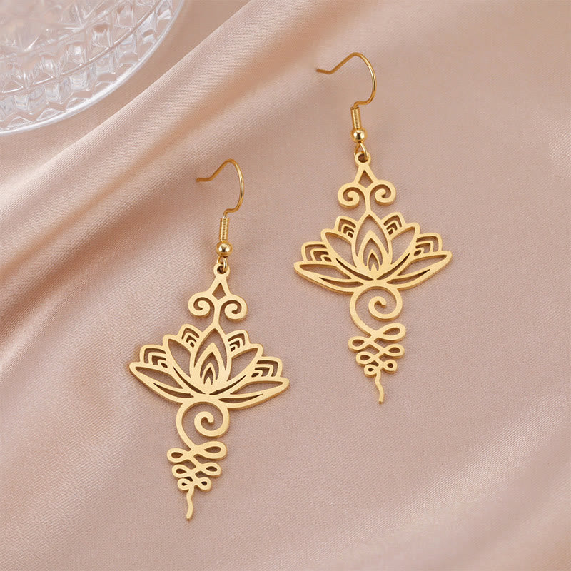 Wear FengShui Hollow Lotus Flower Stainless Steel Enlightenment Metal Drop Earrings