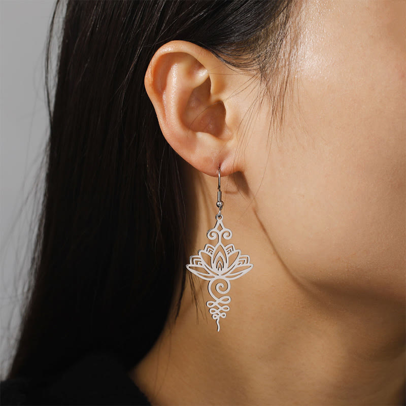 Wear FengShui Hollow Lotus Flower Stainless Steel Enlightenment Metal Drop Earrings