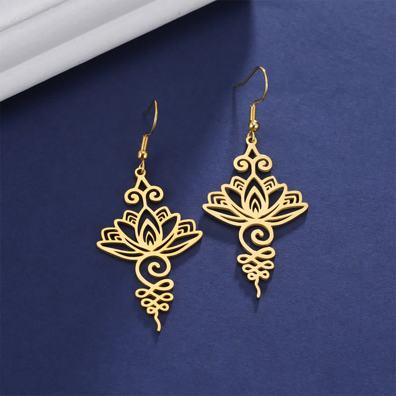 Wear FengShui Hollow Lotus Flower Stainless Steel Enlightenment Metal Drop Earrings