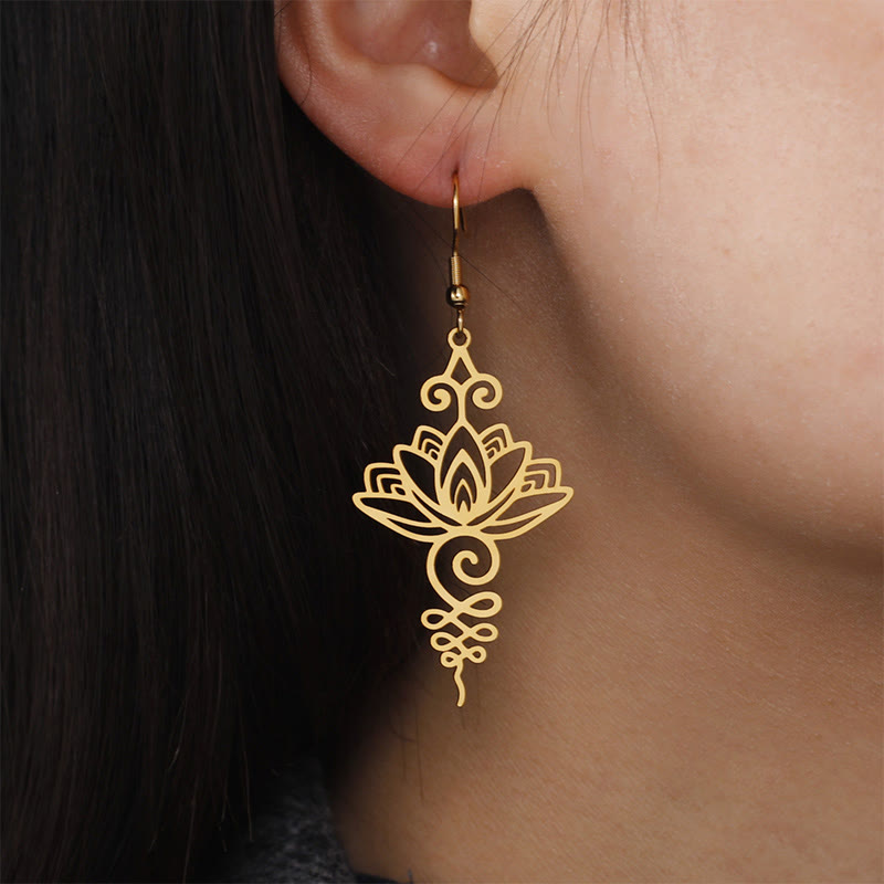 Wear FengShui Hollow Lotus Flower Stainless Steel Enlightenment Metal Drop Earrings