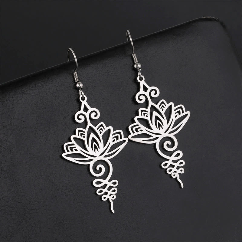 Wear FengShui Hollow Lotus Flower Stainless Steel Enlightenment Metal Drop Earrings